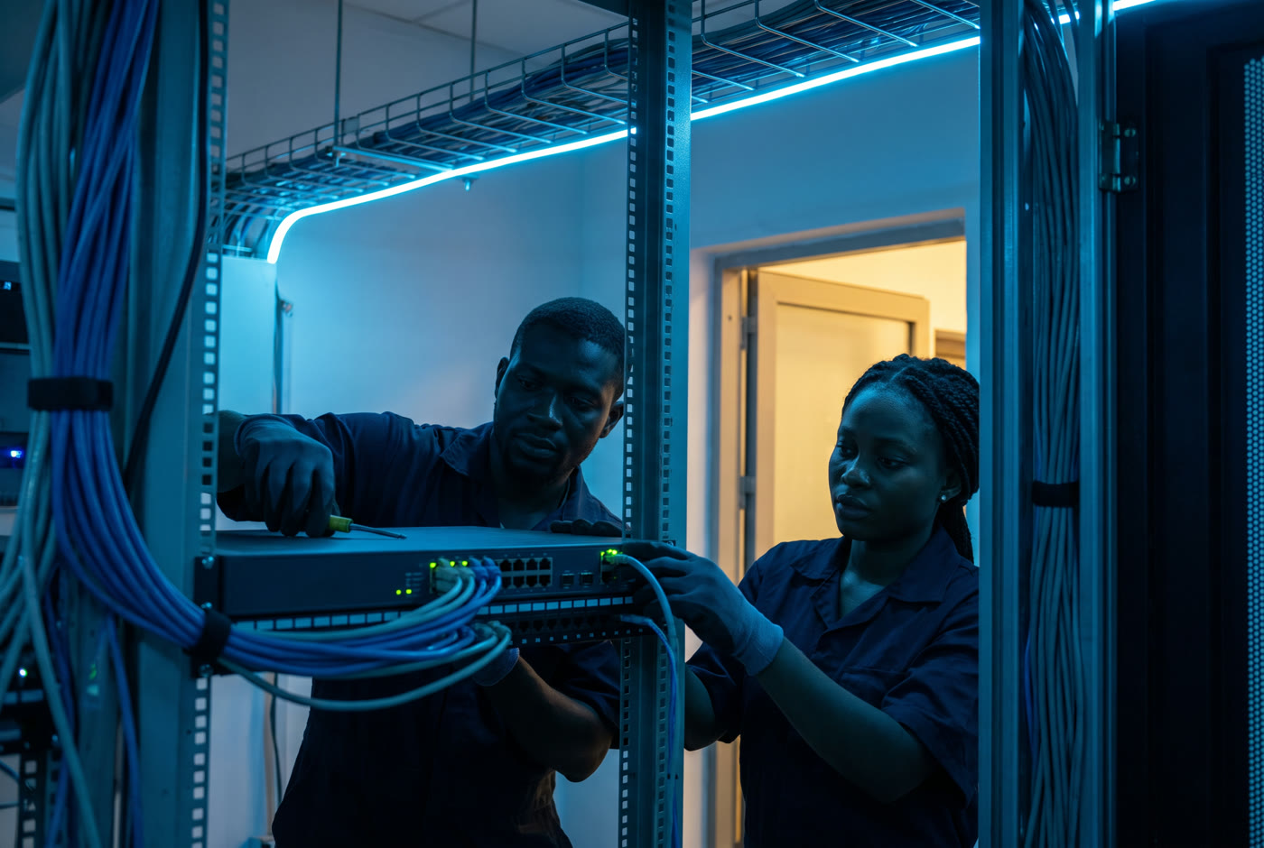Two technicians fitting a network switch and cables into a rack